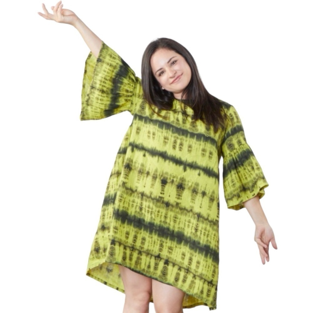BRYN WALKER Rivera 100% Linen Lime Green Tie Dye Tunic Top Dress size US Women S